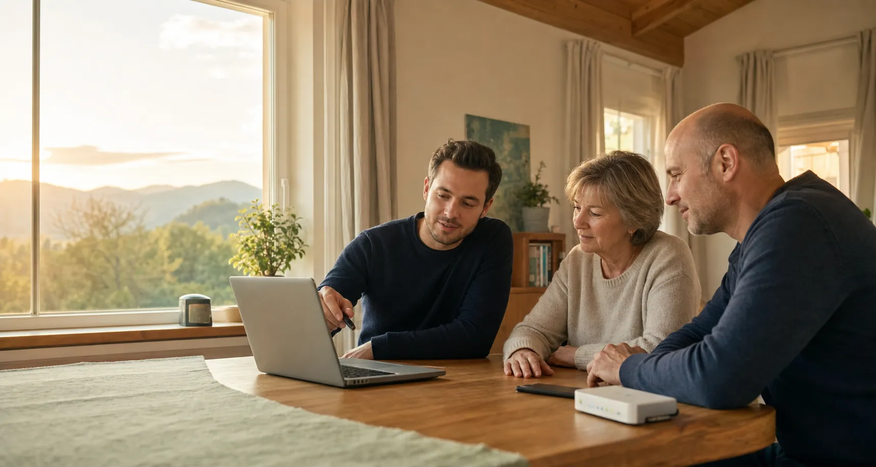 Zwei IT-Ansprechpartner beraten gemeinsam an einem Laptop in warmer Atmosphäre